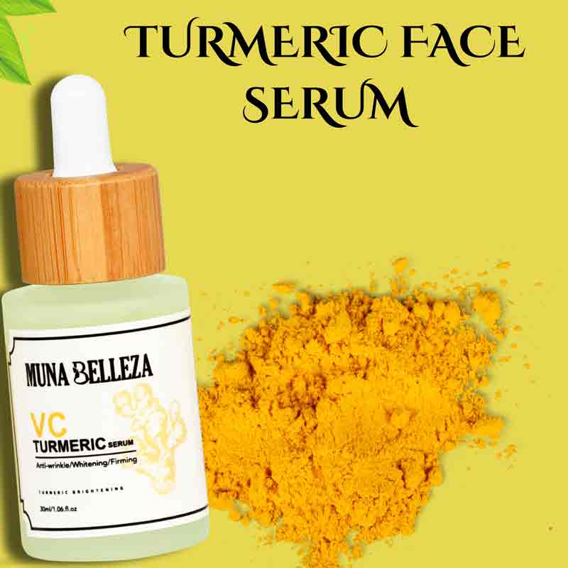 A bottle of Turmeric Vitamin C Serum is prominently displayed against a vibrant background of golden Turmeric powder, symbolizing the natural ingredients and the radiant glow it imparts to the skin.