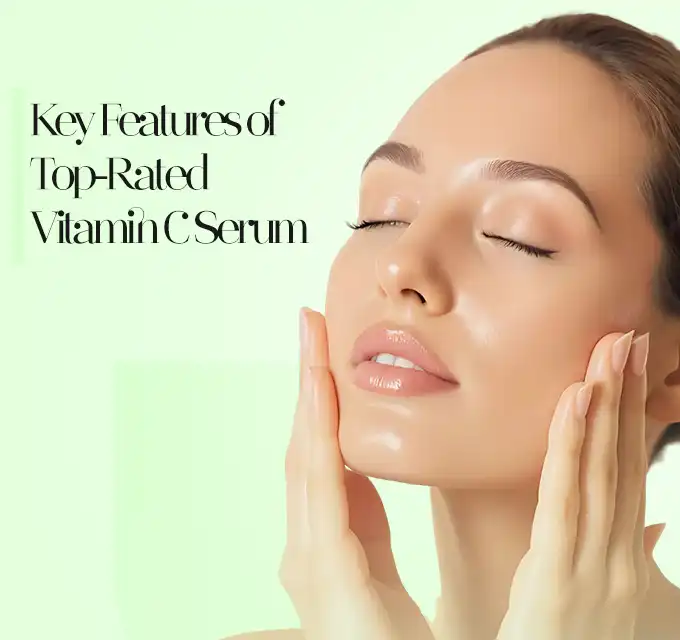 Person applying top rated vitamin C serum for face with key features highlighted.