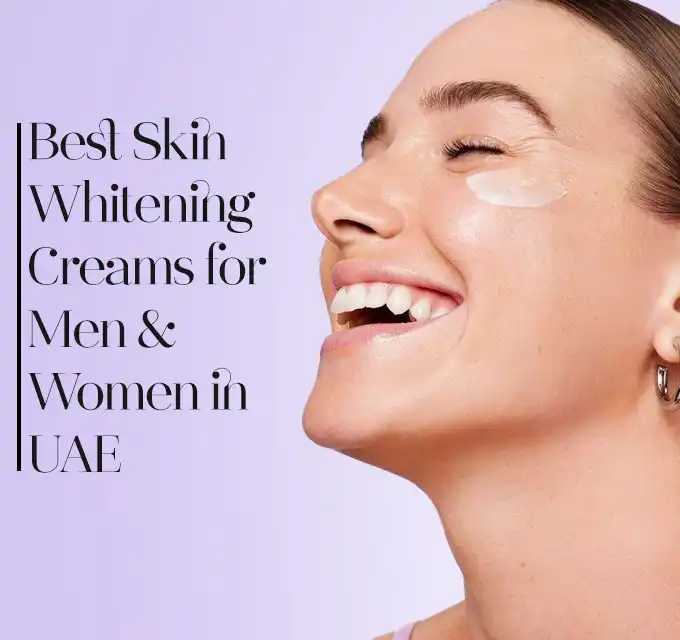 ide profile of a laughing woman wearing under‑eye patches beside the headline 'Best Skin Whitening Creams for Men & Women in UAE' on a lilac background