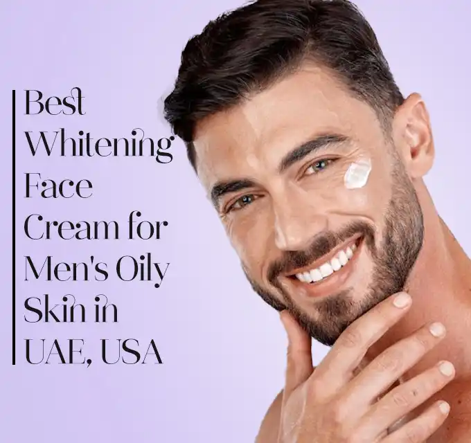 miling man touching his jaw with a dab of cream on his cheek next to the headline 'Best Whitening Face Cream for Men's Oily Skin in UAE, USA' on a lilac background