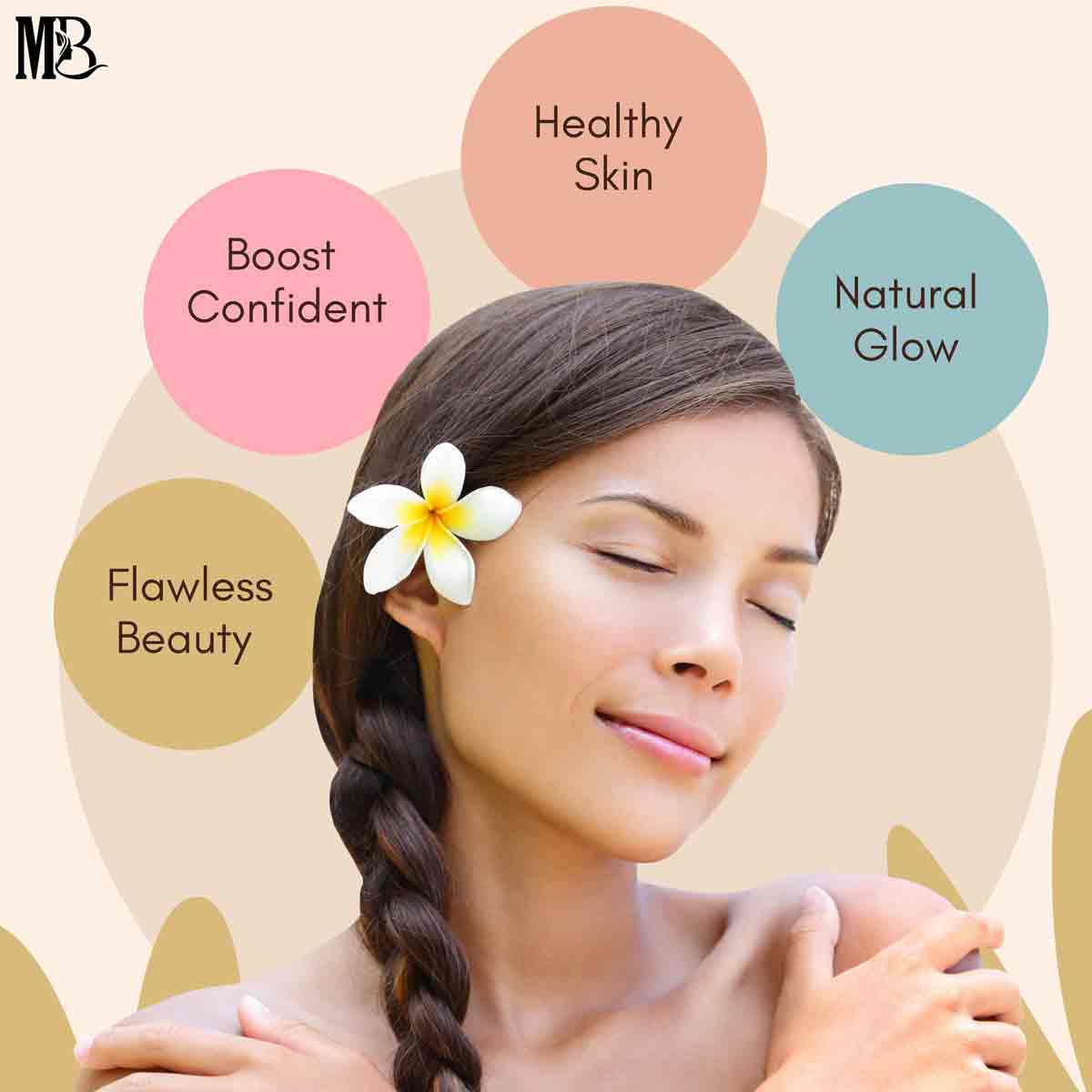 Image of a content woman with a frangipani flower in her hair, illustrating the benefits of skincare: Healthy Skin, Natural Glow, Boosted Confidence, and Flawless Beauty.
