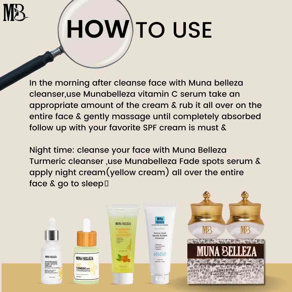 Instructions on how to use Muna Belleza skincare regimen: Morning routine with cleanser, vitamin C serum, and SPF cream, and night routine with Turmeric cleanser, fade spots serum, and night cream.