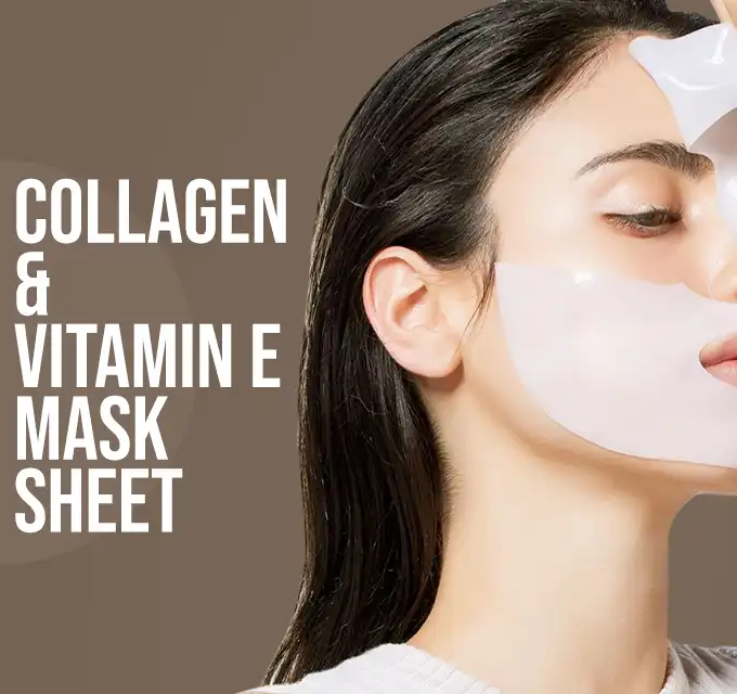 Woman wearing a collagen and vitamin E mask sheet to boost skin elasticity