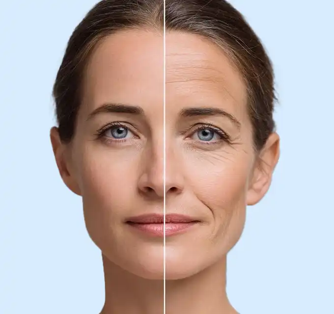Close-up split-face portrait showing wrinkle reduction — neutral, clinical anti‑aging shot.