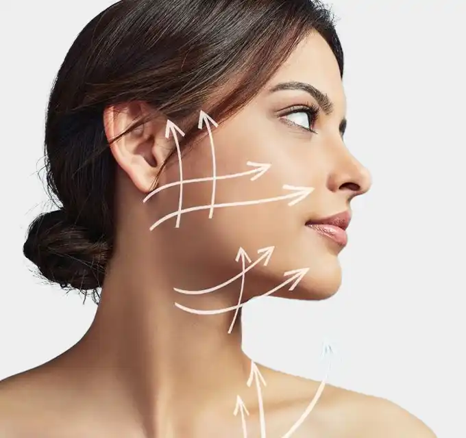 Clean profile close-up of a woman showing smooth skin with subtle arrow guides — neutral product/clinical shot