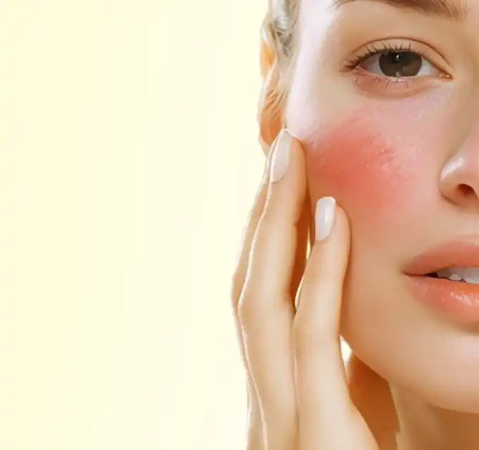 Close-up of a hand touching a visibly red cheek on a pale background — neutral clinical shot