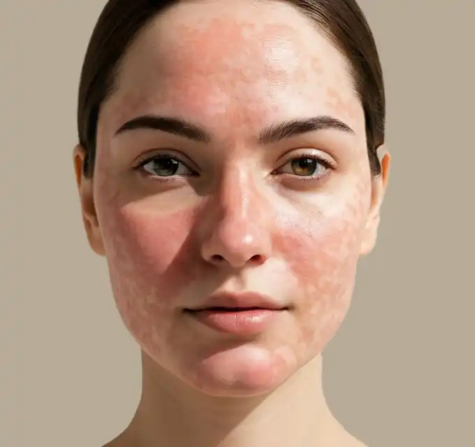Close-up front view of a woman with diffuse facial redness consistent with rosacea, neutral background