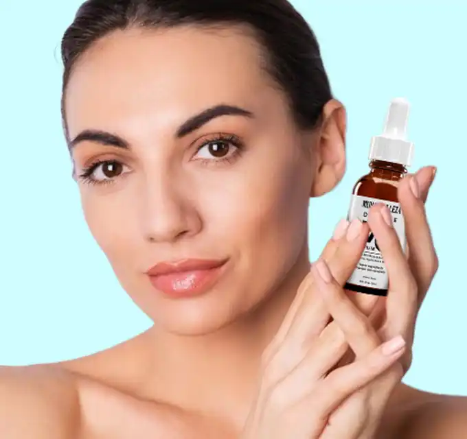 "Close-up portrait holding an amber dropper bottle — product-style image representing a salicylic-acid serum for blackheads."