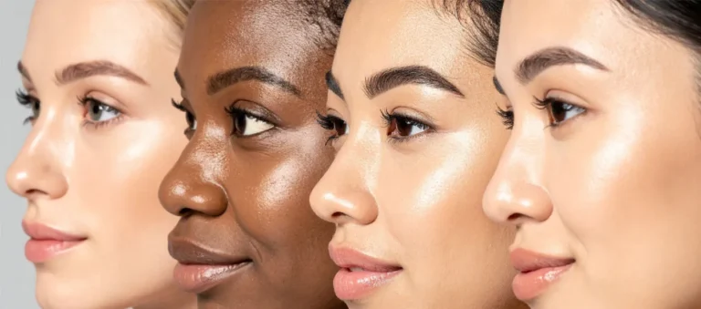 Four women with different skin tones in profile, showing healthy, hydrated skin