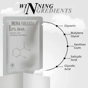 Muna Belleza 2% BHA sheet mask ingredient breakdown showing Salicylic Acid (BHA) and Glycolic Acid (AHA) — explaining aha vs bha and aha bha face mask benefits