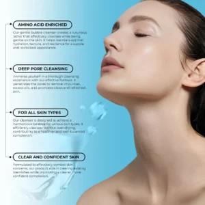 Model showing amino acid cleanser benefits infographic — explaining gentle bubble cleanser formula, amino acid cleanser for oily skin, and amino acid cleanser how to use