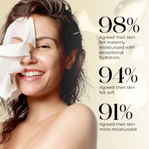 Smiling model holding sheet mask displaying 98% hydration results — anti wrinkle face mask before and after showing plump firm skin and collagen face mask how to use