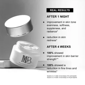 Muna Belleza Night Cream jar showing clinical study results of 100% fine line reduction — best night cream for anti aging, anti wrinkle cream, and can night cream remove dark spots