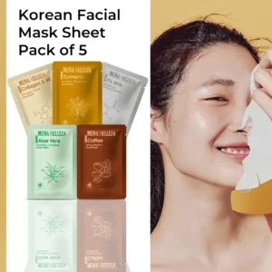 Model demonstrating face mask sheet how to use for facial skin — showing korean face mask lifting and radiant firming effect