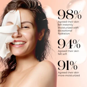 Smiling model holding sheet mask displaying 98% hydration results — lifting face mask before and after showing instant glow, tan removal, and coffee mask benefits for glowing skin