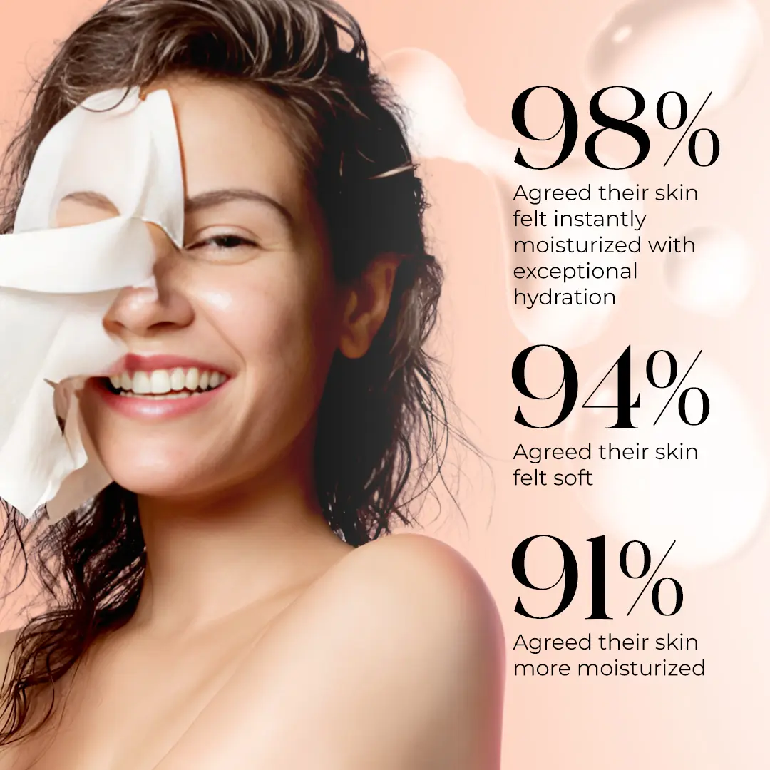 Smiling model holding sheet mask displaying 98% hydration results — lifting face mask before and after showing instant glow, tan removal, and coffee mask benefits for glowing skin