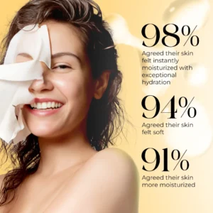 Model showcasing suitable for all skin types infographic — turmeric face mask for oily skin, face mask for oily skin and pimples, and best sheet masks for acne prone skin