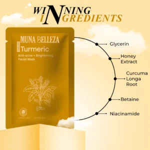 Turmeric face mask ingredients infographic showing Curcuma Longa Root, Honey Extract, and Niacinamide — detailing turmeric face mask benefits and answering does turmeric stain skin